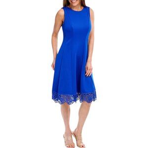 Donna Ricco Sleeveless A-Line Blue Dress With Laser-Cut Hem, Women's Size 14